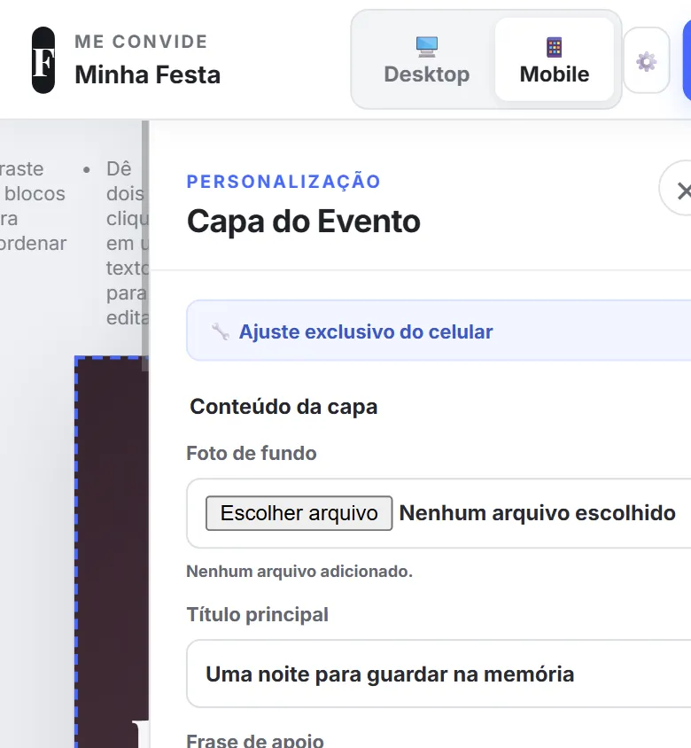 Editor Me Convide no celular: pré-visualização do convite e painel de personalização